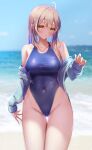  1girl absurdres ahoge beach blue_jacket blue_one-piece_swimsuit blue_sky breasts brown_eyes brown_hair cloud collarbone covered_navel day highleg highleg_swimsuit highres hololive hololive_english horizon jacket kon_(07263545) large_breasts looking_at_viewer multicolored_hair nanashi_mumei navel new_school_swimsuit ocean one-piece_swimsuit open_clothes open_jacket outdoors school_swimsuit sidelocks sky solo streaked_hair swimsuit thigh_gap virtual_youtuber 