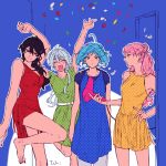  4girls ahoge barefoot black_eyes black_hair blue_background blue_dress blue_hair closed_eyes closed_mouth dress ensemble_stars! genderswap genderswap_(mtf) green_dress hibiki_wataru ichigaya_(_ichigaya_) itsuki_shu light_blue_hair long_hair multicolored_background multiple_girls open_mouth pink_hair polka_dot polka_dot_dress red_dress sakuma_rei_(ensemble_stars!) shino_hajime short_hair white_background yellow_dress 