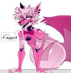  2023 animatronic anthro bent_over blush bow_tie canid canine claws curvy_figure dialogue ear_piercing ear_ring english_text eyebrows eyelashes eyeshadow five_nights_at_freddy&#039;s fox funtime_foxy_(fnaf) fur girly hair homophobic_slur huge_thighs humor lips lipstick looking_at_viewer machine makeup male mammal narrowed_eyes nude open_mouth open_smile piercing profanity ring_piercing robot scottgames simple_background slur smile solo standing talking_to_viewer teeth text thick_thighs tuft white_background wide_hips xexeezy 
