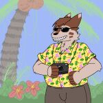  aloha_shirt animate_inanimate anthro brown_body brown_fur camera chest_tuft clothing coconut drupe_(fruit) eyewear flower food fruit fur furret generation_2_pokemon grass holding_object male multicolored_body multicolored_fur nintendo outside palm_tree pattern_clothing pattern_shirt pattern_topwear plant pokemon pokemon_(species) shirt slightly_chubby smile solo sunglasses tadeo_saffron tan_body tan_fur topwear tree tuft vines wackythesilly 