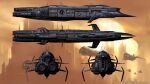  3d battleship_(eve_online) building cloud cloudy_sky commentary concept_art eve_online flying from_side highres military_vehicle multiple_views no_humans nym182 orange_theme original outdoors reference_sheet science_fiction sky skyscraper spacecraft thrusters vehicle_focus 