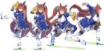  1girl absurdres animal_ears ball baseball baseball_mitt blue_skirt breasts closed_mouth commentary_request daiwa_scarlet_(umamusume) full_body highres holding holding_ball horse_ears horse_girl horse_tail large_breasts long_hair long_sleeves looking_at_viewer motion_blur multiple_views nishiki_kazue open_mouth red_eyes red_hair simple_background skirt standing standing_on_one_leg tail thighhighs tiara twintails umamusume white_background white_thighhighs 