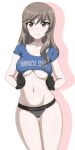  1girl areola_slip black_gloves blue_shirt blush breasts brown_eyes brown_hair closed_mouth collarbone girls_und_panzer gloves gogopaint grey_panties highres large_breasts long_hair looking_at_viewer navel no_bra panties shimada_chiyo shirt simple_background smile solo underboob underwear 