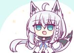  1girl ahoge animal_ear_fluff animal_ears blue_neckerchief blush braid chibi fox_ears fox_girl fox_tail green_eyes hair_between_eyes hololive kashimu long_sleeves looking_at_viewer neckerchief open_mouth pentagram shirakami_fubuki shirakami_fubuki_(1st_costume) side_braid sidelocks single_braid smile solo tail upper_body virtual_youtuber white_hair 