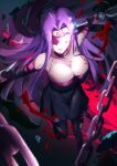  1girl aimusu1208 blindfold blood breasts cleavage facial_mark fate/stay_night fate_(series) forehead forehead_mark highres injury large_breasts long_hair looking_at_viewer medusa_(fate) medusa_(rider)_(fate) nameless_dagger_(fate) purple_eyes purple_hair solo torn_clothes 