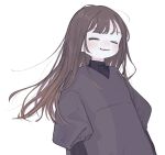  1girl absurdres black_sweater blush brown_hair closed_eyes dress fang grey_dress highres long_hair long_sleeves original parted_lips ribbed_sweater simple_background solo sweater sweater_under_dress turtleneck upper_body white_background yunoki_itsugu 