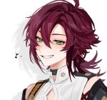 1boy absurdres ahoge bare_shoulders bishounen black_choker brown_hair choker commentary genshin_impact green_eyes grin hair_between_eyes highres looking_at_viewer low_ponytail male_focus medium_hair mole mole_under_each_eye mole_under_eye multicolored_hair multiple_moles musical_note portrait red_hair shikanoin_heizou simple_background smile solo spoken_musical_note streaked_hair symbol-only_commentary teeth two-tone_hair unishuri white_background 