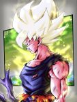  1boy angry aura belt biceps blonde_hair clenched_teeth commentary commentary_request dougi dragon_ball dragon_ball_z from_side highres hiro_(udkod1ezlyi2flo) muscular muscular_male pectorals solo son_goku spiked_hair super_saiyan super_saiyan_1 teeth torn torn_clothes yellow_aura 