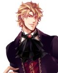  1boy alternate_costume ascot black_ascot blonde_hair brooch collared_shirt commentary_request dio_brando fangs jacket jewelry jojo_no_kimyou_na_bouken long_sleeves looking_at_viewer male_focus ninoyoru phantom_blood purple_jacket red_brooch red_eyes shirt short_hair simple_background smirk solo vampire white_background white_shirt 