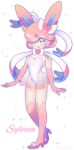  1girl :d blue_eyes blush breasts character_name cleavage commentary curly_hair elbow_gloves full_body gloves high_heels leotard open_mouth personification pink_footwear pink_gloves pink_hair pokemon short_hair smile solo sparkle standing sylveon white_background white_leotard yajuuraku 