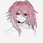  1boy :d absurdres hair_between_eyes hair_intakes highres looking_at_viewer male_focus nijou_ryuu open_mouth partially_colored patchwork_skin pink_hair portrait qijiu689 red_eyes saibou_shinkyoku short_hair_with_long_locks simple_background sketch smile solo uneven_eyes white_background 