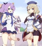  2girls armband azur_lane backpack bag bare_shoulders beret bike_shorts black_shorts blue_eyes blurry blurry_background breasts buttons camisole cross cross_hair_ornament crown double-breasted erection futanari gloves green_eyes hair_ornament hands_on_own_hips hat highres huge_penis huge_testicles iron_cross javelin_(azur_lane) looking_at_viewer mini_crown multiple_girls nnilaee open_mouth outdoors penis plaid plaid_skirt precum precum_string purple_hair shorts skirt small_breasts testicles uncensored veins veiny_penis white_camisole white_gloves z23_(azur_lane) 