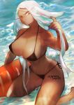  1girl :/ absurdres animal_ears beach bikini black_bikini boku_no_hero_academia breasts carrot cleavage commentary dark-skinned_female dark_skin hand_up highres holding holding_own_hair inflatable_toy kneeling large_breasts long_eyelashes long_hair looking_at_viewer micro_bikini mirko nail_polish navel on_water outdoors parted_bangs purple_nails rabbit_ears rabbit_girl rabbit_tail red_eyes side-tie_bikini_bottom solo stomach swimsuit symbol-only_commentary tail tan tanlines thick_thighs thighs toned twitter_username water white_hair yamamayuga472 