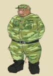  2023 anthro aotadobukitch belly big_belly bottomwear brown_body clothing hi_res kemono male mammal overweight overweight_male pants shirt simple_background solo suid suina sus_(pig) topwear wild_boar 