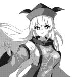  1girl breasts constellation_print greyscale hat large_breasts long_hair looking_at_viewer matara_okina monochrome onkn_sxkn open_mouth simple_background smile solo tabard touhou upper_body white_background wide_sleeves 