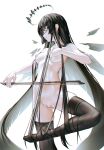  1girl ass_visible_through_thighs black_hair black_halo black_thighhighs black_wings bow_(music) breasts censored closed_eyes covering_one_breast covering_privates halo highres holding_bow_(music) iumu leg_up long_hair mole mole_under_eye nipples nude pale_skin pussy pussy_peek small_breasts solo standing standing_on_one_leg thighhighs very_long_hair virtuosa_(arknights) wings 