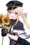  1girl adju_ster black_bow black_bowtie black_capelet black_gloves blonde_hair blue_eyes blush bow bowtie braid capelet commentary_request flower gloves hat highres holding holding_flower long_hair looking_at_viewer open_mouth original police_hat ponytail sidelocks simple_background solo sunflower upper_body white_background 