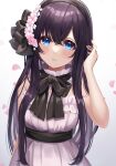  1girl ao_no_neko black_bow black_hairband black_ribbon blue_eyes blush bow dress hair_ribbon hairband highres long_hair original parted_lips petals ribbon solo white_dress 