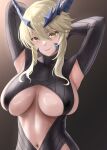  1girl armpits arms_behind_head arms_up artoria_pendragon_(fate) artoria_pendragon_(lancer_alter)_(fate) black_bodysuit blonde_hair bodysuit braid breasts center_opening fate/grand_order fate_(series) french_braid hair_between_eyes highres horns large_breasts long_hair looking_at_viewer navel revealing_clothes ribbed_bodysuit sideboob sidelocks smile solo underboob yamaneko_(tkdrumsco) yellow_eyes 