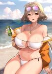  1girl :d ahoge anis_(nikke) arm_support bare_shoulders beach bikini blue_sky breasts brown_hair can cloud commentary_request day eyepatch_bikini eyewear_on_head goddess_of_victory:_nikke highres holding holding_can jacket jewelry juliet_november large_breasts long_sleeves looking_at_viewer navel ocean off_shoulder open_clothes open_jacket orange_eyes orange_jacket parted_lips pendant short_hair side-tie_bikini_bottom sitting sky smile solo stomach strapless strapless_bikini sunglasses swimsuit thighs water 