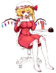  1girl absurdres barefoot blonde_hair chair commission flandre_scarlet highres holding holding_pen multicolored_wings nail_polish office_chair one_eye_closed pen pixiv_commission red_shirt shirt swivel_chair tears tekaaluk touhou white_headwear wings yawning 