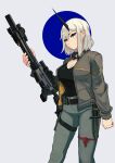  1girl absurdres assault_rifle belt bendit2901 blue_eyes breasts cleavage denim goggles goggles_around_neck gun highres horns jacket jeans knife original pants rifle short_hair single_horn solo string string_of_fate suppressor weapon white_background white_hair 