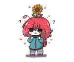 1girl ? antennae backpack bag blue_jacket blush chibi closed_mouth flower flower_on_head heart jacket looking_at_viewer original purple_footwear red_hair shadow shoes simple_background smile snail_girl solo standing striped striped_thighhighs sunflower thighhighs track_jacket uni_souchou white_background yellow_flower 