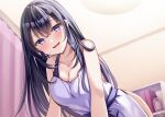  1girl :d apron black_hair blue_eyes blush breasts cleavage collarbone commentary_request curtains hair_between_eyes indoors long_hair looking_at_viewer medium_breasts naked_apron novel_illustration official_art original purple_apron sakura_hiyori signature smile solo very_long_hair 