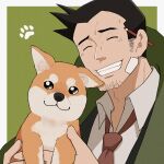  1boy ace_attorney animal bandaid bandaid_on_cheek bandaid_on_face black_hair caramelrag closed_eyes coat collared_shirt dick_gumshoe dog facial_hair green_coat highres holding holding_animal holding_dog male_focus missile_(ace_attorney) necktie open_mouth pencil_behind_ear shirt short_hair smile solo stubble upper_body 