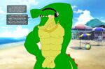  abs absurd_res anthro beach blush collar collar_only crocodile crocodilian crocodylid embarrassed embarrassed_nude_male exhibitionism flaccid flashing genitals hi_res male meteorsmash muscular muscular_anthro muscular_male nude penis reptile scalie seaside sega solo sonic_the_hedgehog_(series) speech_bubble vector_the_crocodile 