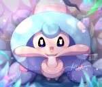  :d arms_up artist_name black_eyes blue_eyes blue_hair blurry blurry_background blush bright_pupils commentary_request hattrem heart highres long_hair looking_at_viewer moxa_ryu multicolored_eyes no_humans open_mouth outstretched_arms pokemon pokemon_(creature) signature smile solo sparkle standing white_pupils 