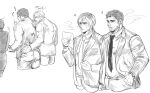  ! 2boys bandaid bandaid_on_cheek bandaid_on_face bara belt chris_redfield clenched_hand collared_shirt dae_p88 facial_hair greyscale hand_in_pocket jacket leon_s._kennedy male_focus monochrome multiple_boys muscular muscular_male open_clothes open_jacket pants resident_evil resident_evil_6 shirt short_hair translation_request watch wristwatch yaoi 
