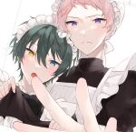  2boys :o apron black_bow black_bowtie blue_eyes bow bowtie closed_mouth commentary_request ensemble_stars! fang green_hair hair_between_eyes heterochromia itsuki_shu kagehira_mika maid_apron maid_headdress male_focus mizuki1103 multiple_boys open_mouth pink_hair purple_eyes short_hair valkyrie_(ensemble_stars!) white_background yellow_eyes 