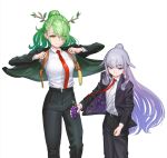  2girls absurdres antlers banana black_jacket black_pants black_suit business_suit ceres_fauna colored_inner_hair food formal fruit grapes green_hair grey_hair hair_ornament highres hitman_(game) hololive hololive_english holster jacket koseki_bijou long_hair looking_at_viewer multicolored_hair multiple_girls necktie pant_suit pants pink_hair pipe_wrench purple_eyes red_necktie shoulder_holster suit suit_jacket virtual_youtuber white_background yellow_eyes yokasparetime 