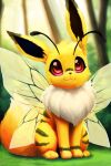  2023 3_toes 4_legs antennae_(anatomy) beedrill beevee big_eyes black_tipped_ears brown_nose cheek_tuft digital_drawing_(artwork) digital_media_(artwork) eevee eyelashes facial_tuft feet female feral fluffy fluffy_chest fluffy_tail forest fur game_freak generation_1_pokemon grass hi_res hybrid inner_ear_fluff insect_wings invalid_tag light long_ears long_tail mammal multicolored_body multicolored_fur mythrava nintendo plant pokemon pokemon_(species) red_eyes shrub signature sitting smile solo striped_body stripes sunlight tail toes tree tuft white_body white_fur white_tail_tip wings yellow_body yellow_fur yellow_wings 