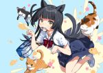  1girl animal animal_ears bag black_hair blue_skirt blunt_bangs bow bowtie cat cat_ears cat_girl cat_tail collared_shirt fish highres long_hair looking_at_viewer mouth_hold original paw_pose pleated_skirt red_bow red_bowtie salt_(salty) school_uniform shirt shoes short_sleeves skirt sneakers solo star_(symbol) tail whiskers white_footwear white_shirt yellow_eyes 