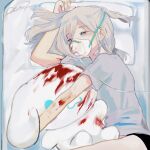  1girl black_shorts blood blood_on_clothes blood_on_face blood_splatter ccnaov cinnamoroll commentary_request expressionless from_above grey_eyes grey_hair grey_shirt half-closed_eyes highres long_hair lying object_hug on_bed on_side original oxygen_mask pillow sanrio shirt short_sleeves shorts solo stuffed_animal stuffed_rabbit stuffed_toy t-shirt 