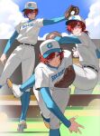  1girl ange_katrina ball baseball baseball_cap baseball_mitt baseball_uniform blue_eyes closed_mouth day hat highres holding holding_ball kamitoge_supino layered_sleeves long_sleeves multiple_views nijisanji outdoors pants parted_lips red_hair shirt shoes short_hair short_over_long_sleeves short_sleeves sportswear white_pants white_shirt 