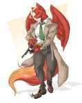  anthro back_wings blonde_hair boots bottomwear cigarette clothing coat dress_shirt dullvivid equid equine feathered_wings feathers footwear fur gun hair half-closed_eyes handgun hi_res male mammal narrowed_eyes necktie pants pegasus pistol ranged_weapon red_body red_feathers red_fur revolver shirt simple_background smoking smoking_tobacco solo topwear trenchcoat weapon white_background wings 