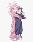  2girls absurdres animal_costume animal_ears animal_slippers atat250 blue_archive blush carrying carrying_person cat_costume cat_tail fake_animal_ears fake_tail halo hanako_(blue_archive) happy highres hood hood_up hug hug_from_behind koharu_(blue_archive) multiple_girls onesie pajamas pink_hair slippers tail white_background 