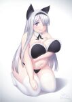  1girl absurdres animal_ears artist_name black_bra black_hairband black_panties bra breasts character_request cloudxmoe copyright_request detached_collar english_commentary english_text fake_animal_ears fang full_body hair_over_one_eye hairband highres huge_breasts long_hair looking_at_viewer navel no_shoes open_mouth panties seiza shadow simple_background sitting skin_fang solo tareme thick_thighs thighhighs thighs underwear very_long_hair white_background 