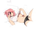  1girl black_shorts blue_eyes breasts cellphone closed_mouth clothes_lift elysia_(honkai_impact) holding holding_phone honkai_(series) honkai_impact_3rd large_breasts lifted_by_self lying maiqo navel nipples on_back phone pink_hair pointy_ears shirt shirt_lift short_sleeves shorts smartphone smile solo stomach white_shirt 