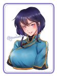  1girl absurdres artist_name black_hair blue_tunic blush closed_mouth cosplay costume_switch fire_emblem fire_emblem:_genealogy_of_the_holy_war hair_between_eyes highres larcei_(fire_emblem) looking_at_viewer purple_eyes short_hair sidelocks signature simple_background solo tunic twitter_username upper_body white_background yumikari07 