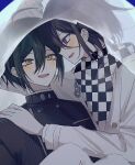  2boys :d ahoge arm_up black_hair black_jacket blush breast_pocket brown_eyes buttons checkered_clothes checkered_scarf danganronpa_(series) danganronpa_v3:_killing_harmony double-breasted eye_contact grey_jacket grey_pants hair_between_eyes hand_on_another&#039;s_shoulder highres holding jacket long_sleeves looking_at_another multiple_boys oma_kokichi pants pocket purple_eyes saihara_shuichi scarf seuli_(sa404_3) short_hair smile striped striped_jacket 