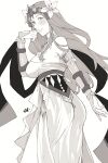  1girl absurdres alternate_costume bare_shoulders breasts dancer dancer_(three_houses) fire_emblem fire_emblem:_three_houses flower hair_flower hair_ornament highres large_breasts long_hair looking_at_viewer monochrome parted_lips rhea_(fire_emblem) sakuremi side_slit smile solo teeth white_background 