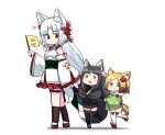  3girls :&lt; aged_down animal_ear_fluff animal_ears black_capelet black_dress black_footwear blunt_bangs capelet detached_sleeves dress flag flower flying_sweatdrops fox_ears fox_print fox_tail fur_collar green_eyes hair_flower hair_ornament heart holding holding_flag holding_hands japanese_clothes kitsunegasaki_tametsugu_(tenka_hyakken) kogitsunemaru_(tenka_hyakken) lace-up_legwear leaf leaf_hair_ornament long_hair looking_at_another looking_back maple_leaf motion_lines multiple_girls nakigitsune_(tenka_hyakken) obi open_mouth orange-bird parted_bangs print_sleeves red_eyes red_footwear sash short_hair sleeveless smile tail tenka_hyakken thigh_strap thighhighs veil white_background wide_sleeves yellow_eyes 