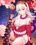  1girl absurdres alternate_costume bead_necklace beads black_gloves breasts cherry_blossoms chest_sarashi club_(weapon) corrin_(female)_(fire_emblem) corrin_(fire_emblem) fingerless_gloves fire_emblem fire_emblem_fates fire_emblem_heroes gloves grey_hair highres japanese_clothes jewelry long_hair looking_at_viewer mask mask_on_head medium_breasts necklace pointy_ears red_eyes sarashi shoulder_tattoo sitting smile solo tattoo truejekart weapon 