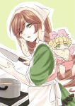  2girls aged_down apron baby biting blonde_hair bow brown_hair commentary_request cooking cooking_pot cowboy_shot dress drill_hair food green_background green_dress green_eyes hair_bow head_scarf heterochromia hinaichigo holding holding_food holding_knife kiru_(m_putorius) kitchen_knife knife lace long_hair looking_at_viewer looking_to_the_side medium_bangs multiple_girls open_mouth pink_bow red_eyes rozen_maiden saliva short_hair short_sleeves stove suiseiseki tofu twin_drills very_long_hair white_apron white_headwear 