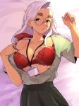  1girl blue_eyes blush bra breasts cleavage collarbone dress_shirt glasses highres june_(squeezable) large_breasts lingerie long_hair mole mole_on_breast mole_under_eye open_clothes open_shirt original partially_unbuttoned red_bra round_eyewear shirt skirt solo squeezable_(artist) thick_eyebrows unbuttoned unbuttoned_shirt underwear white_hair white_nails yellow-framed_eyewear 