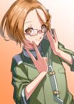  1boy absurdres bad_hands brown_eyes brown_hair cipher_academy glasses gradient_background hair_ornament hands_up highres irohazaka_iroha licking_lips male_focus nonogi0 school_uniform short_hair solo tongue tongue_out upper_body v 